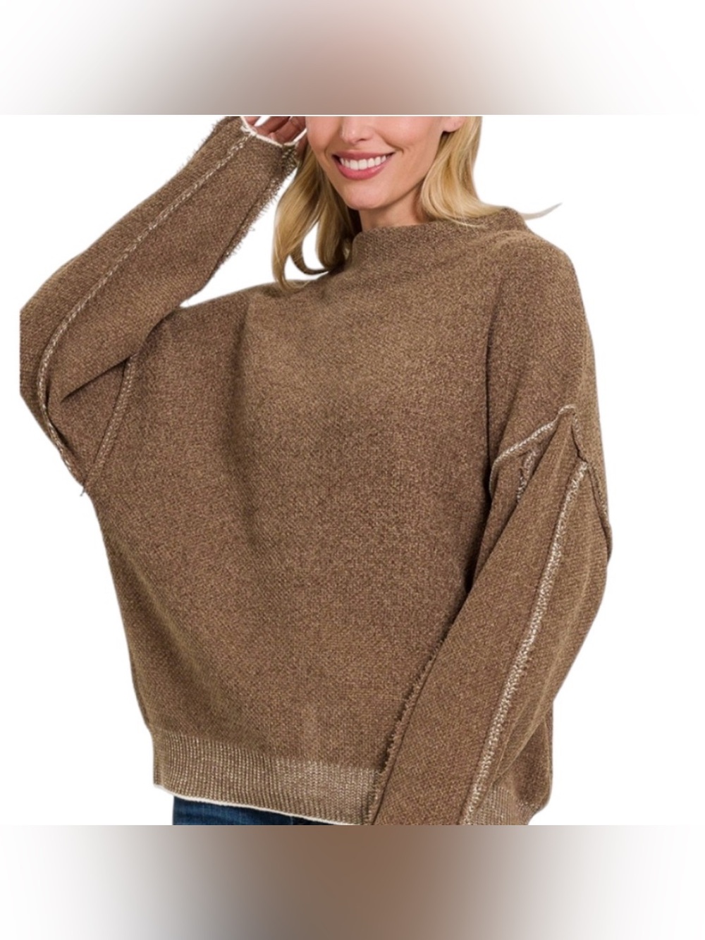 Zenana Outfitters Taupe Brown Drop-Shoulder Crewneck Sweater